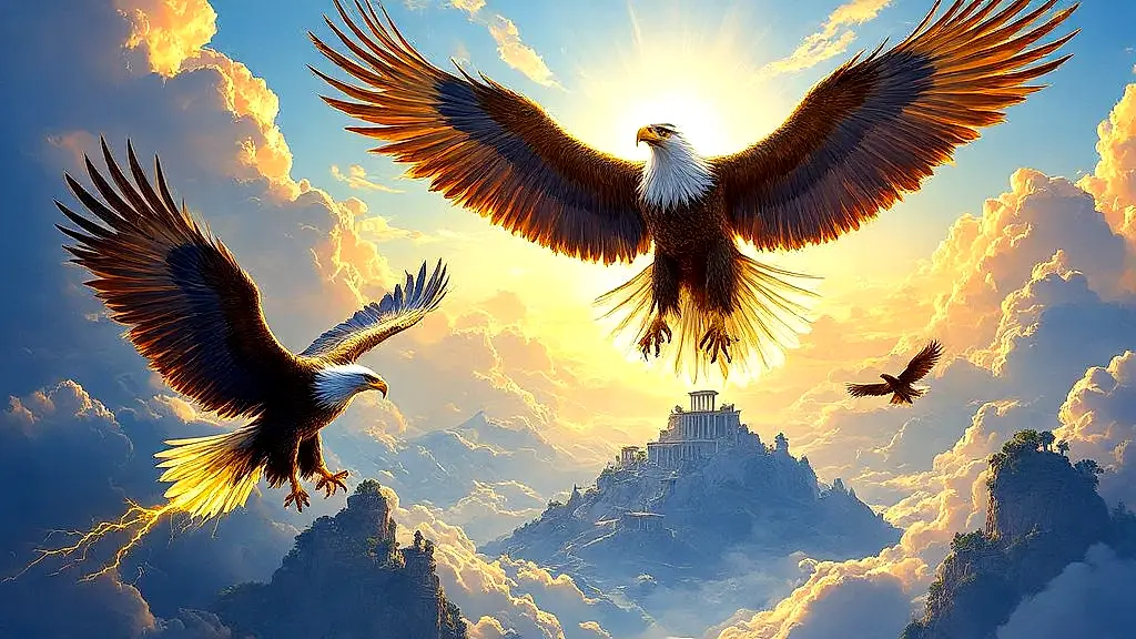 Zeus' divine eagles soaring over Olympus in golden light.