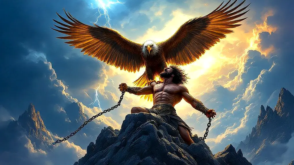 Zeus’ eagle tormenting Prometheus on a stormy mountain.