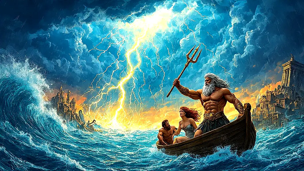 Zeus floods the world as Deucalion and Pyrrha survive.