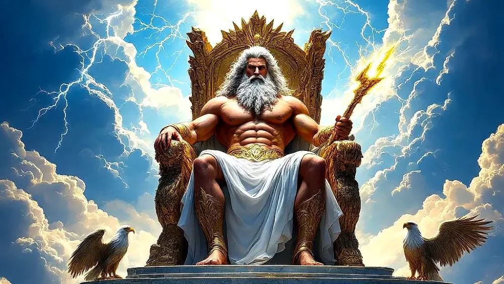 Zeus, king of gods, wielding lightning on golden throne.