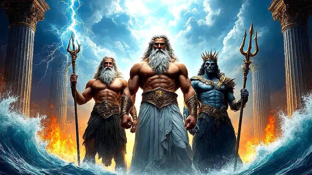 Zeus, Poseidon, and Hades in a divine Olympus throne room.