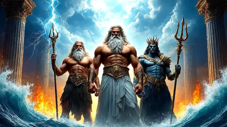 Zeus, Poseidon, and Hades in a divine Olympus throne room.