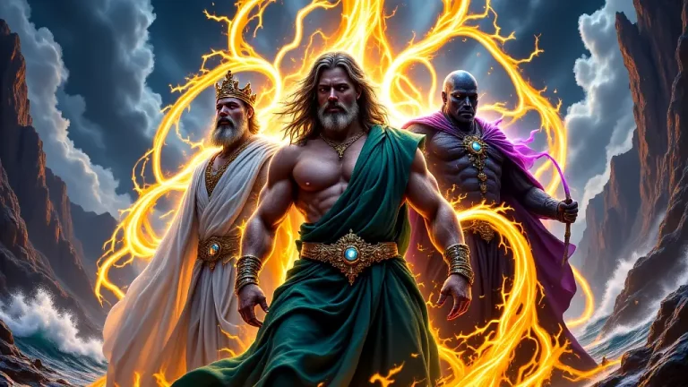 Zeus, Poseidon, and Hades standing together in divine glory.