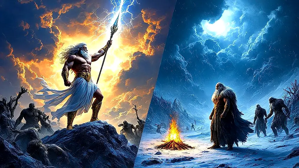 Zeus’s victory vs. Norse Fimbulwinter in split-scene epic.