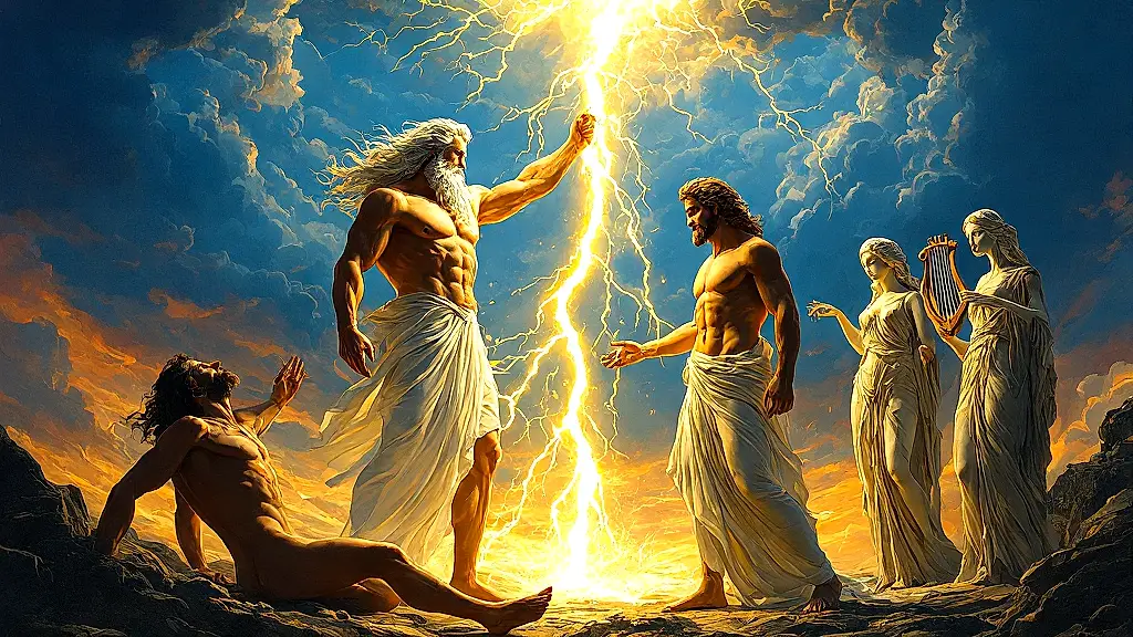 Zeus splits humans as Apollo and the Fates watch.