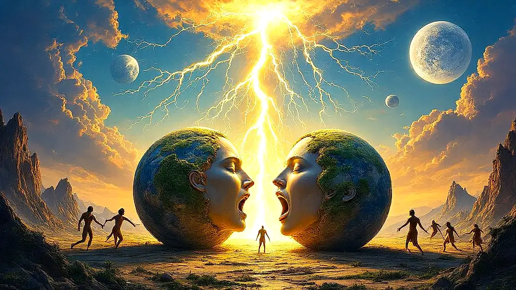 Zeus splitting spherical humans in Plato's myth.