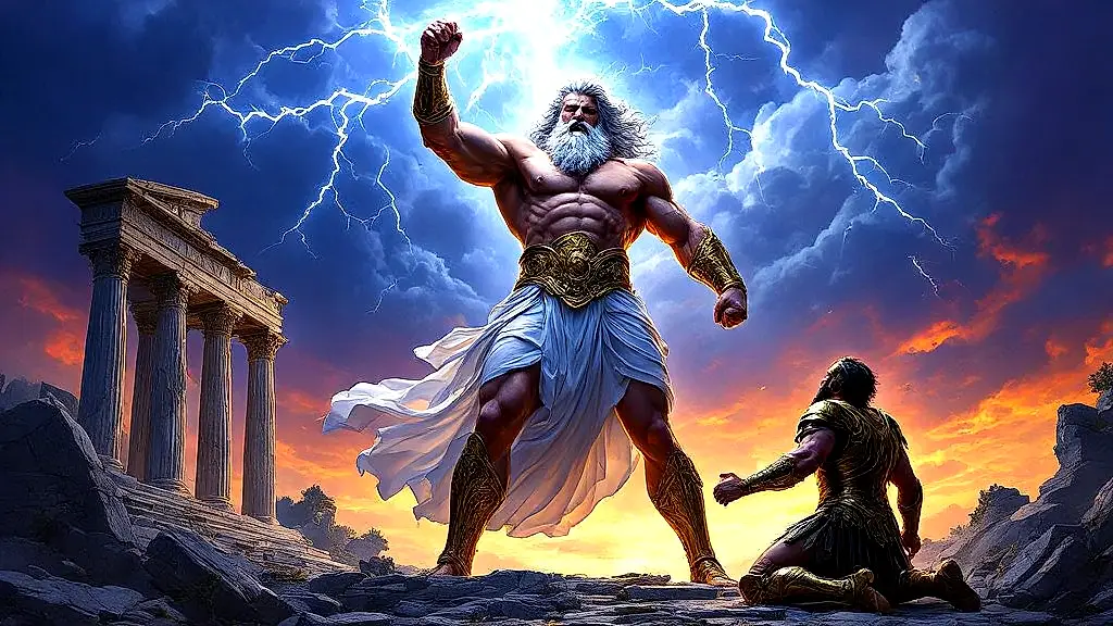 Zeus strikes down a hubristic mortal in a stormy divine punishment.
