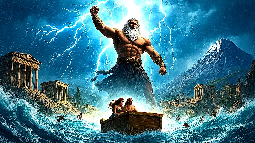 Zeus unleashes flood as Deucalion and Pyrrha survive in chest.
