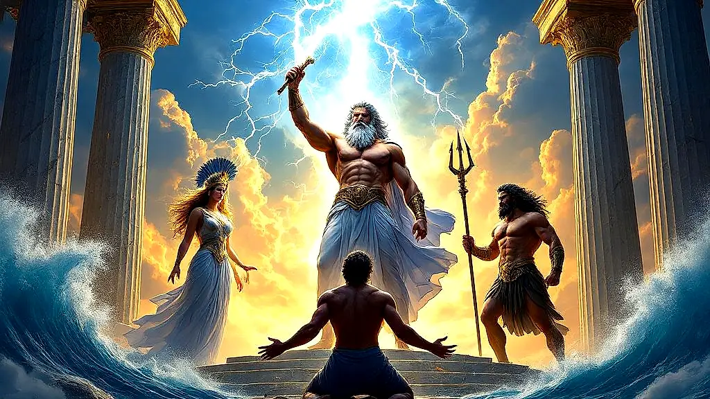Zeus unleashes lightning as gods punish mortal for hubris.