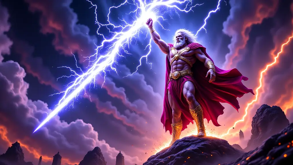 Zeus wielding his glowing lightning bolt, forged by Cyclopes.