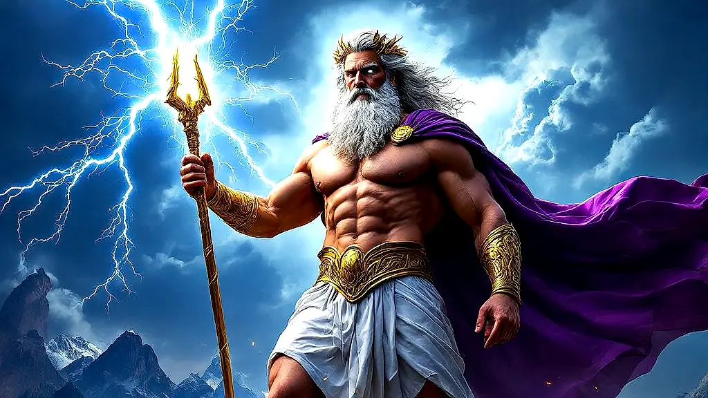 Zeus wielding thunderbolt with eagle on Mount Olympus.