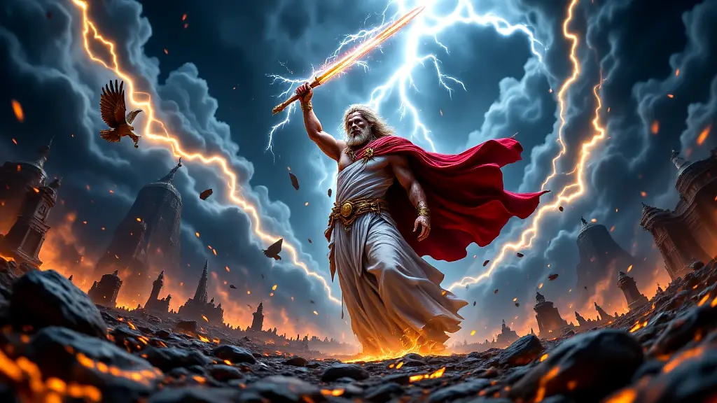 Zeus wields lightning atop Olympus during Titanomachy.