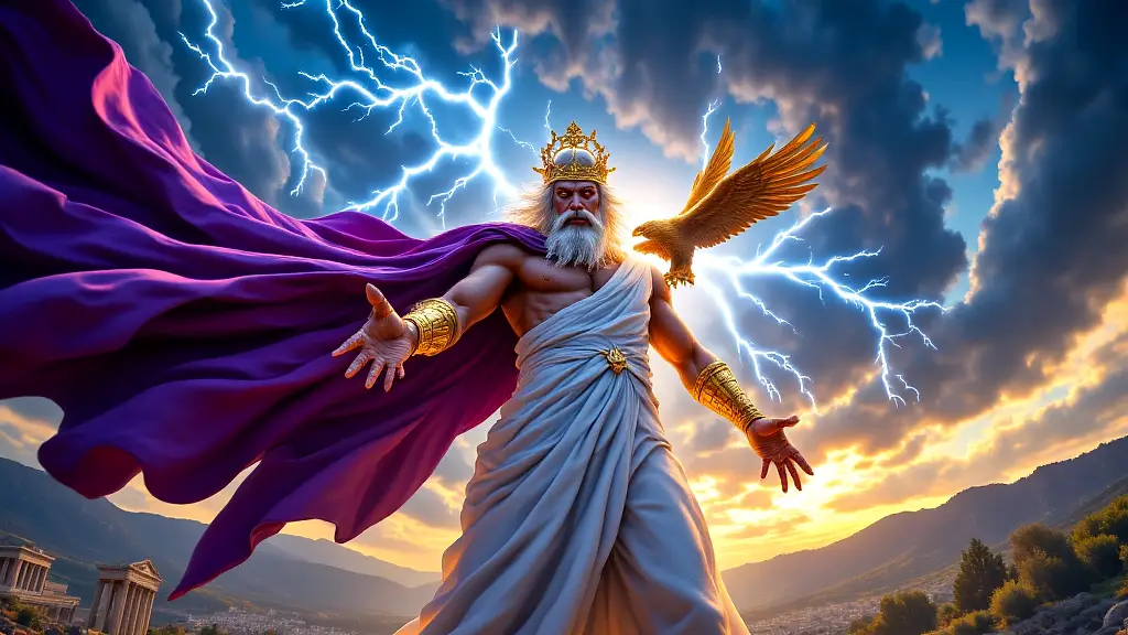 Zeus wields thunderbolt with eagle atop stormy Olympus.